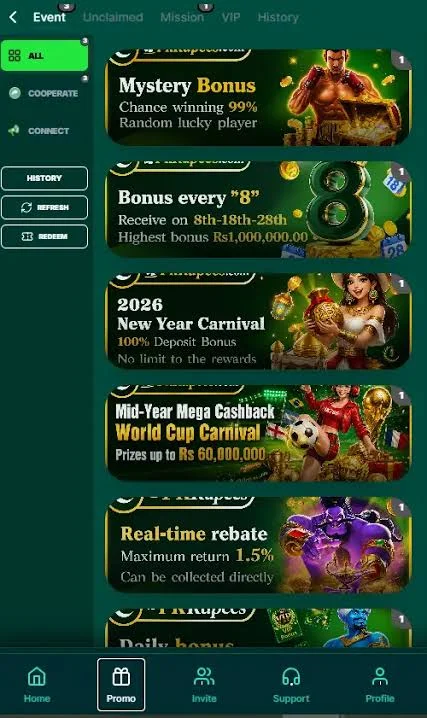 pkrupees game banner of bonuses